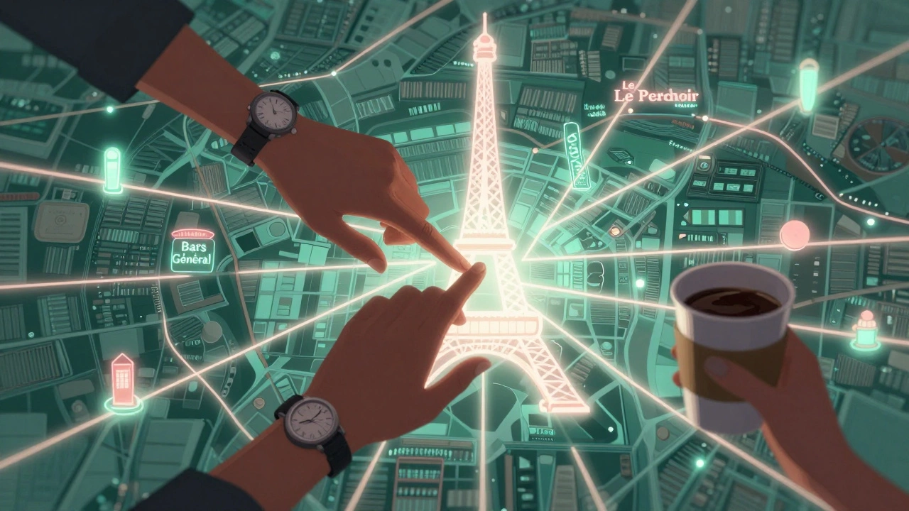 A glowing map of Paris reveals hidden nightlife spots through delicate light paths connecting key locations.