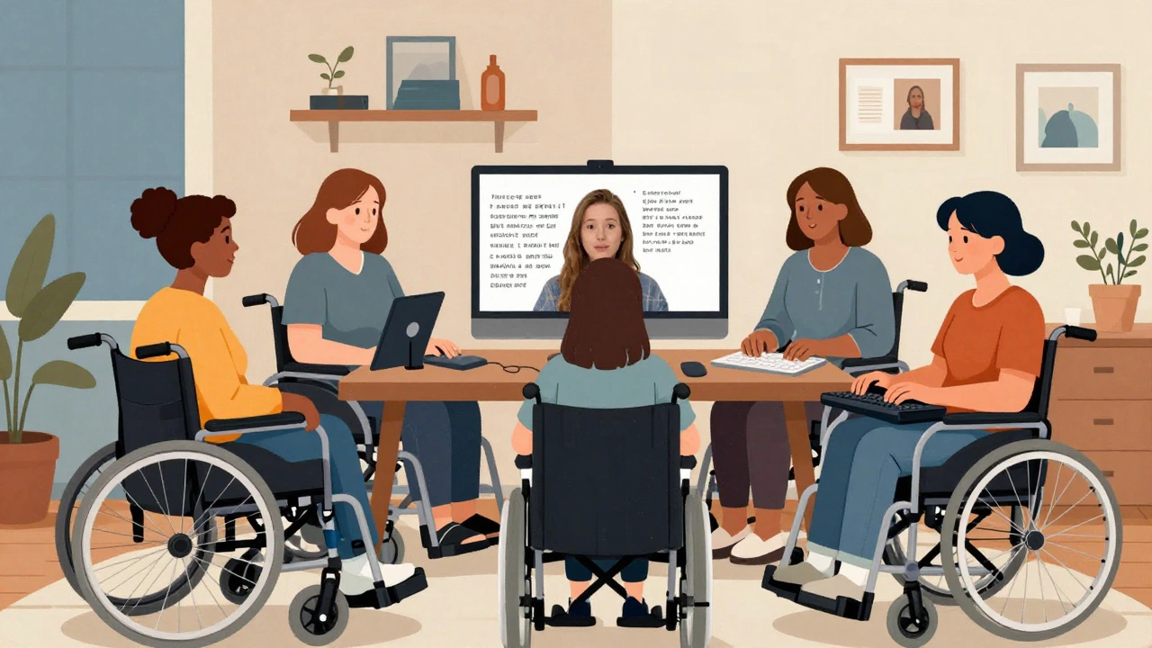 A group of disabled sex workers on a video call, sharing accessibility tips and safety strategies in a home office.