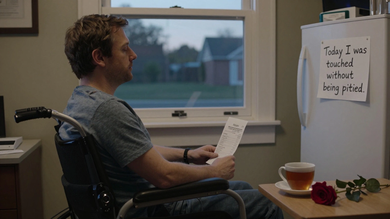A man with a ventilator gazing out a window at dusk, a handwritten note and rose on the table beside him.
