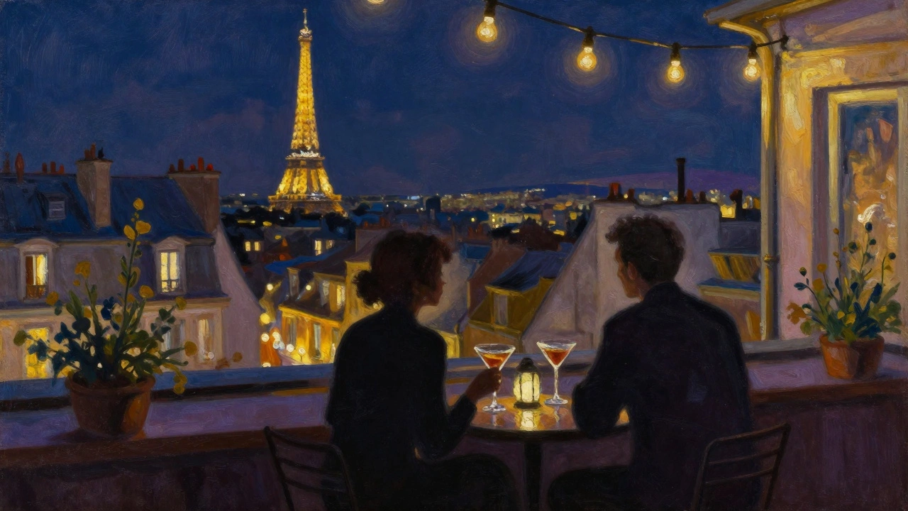 Two people enjoy a quiet night on a Paris rooftop lounge with the Eiffel Tower glowing in the distance.